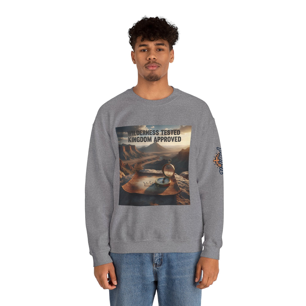 Wilderness Tested Kingdom Approved Sweatshirt – Mountain Desert Compass Crown Christian Sweatshirt for Biblical Adventure Faith Printify