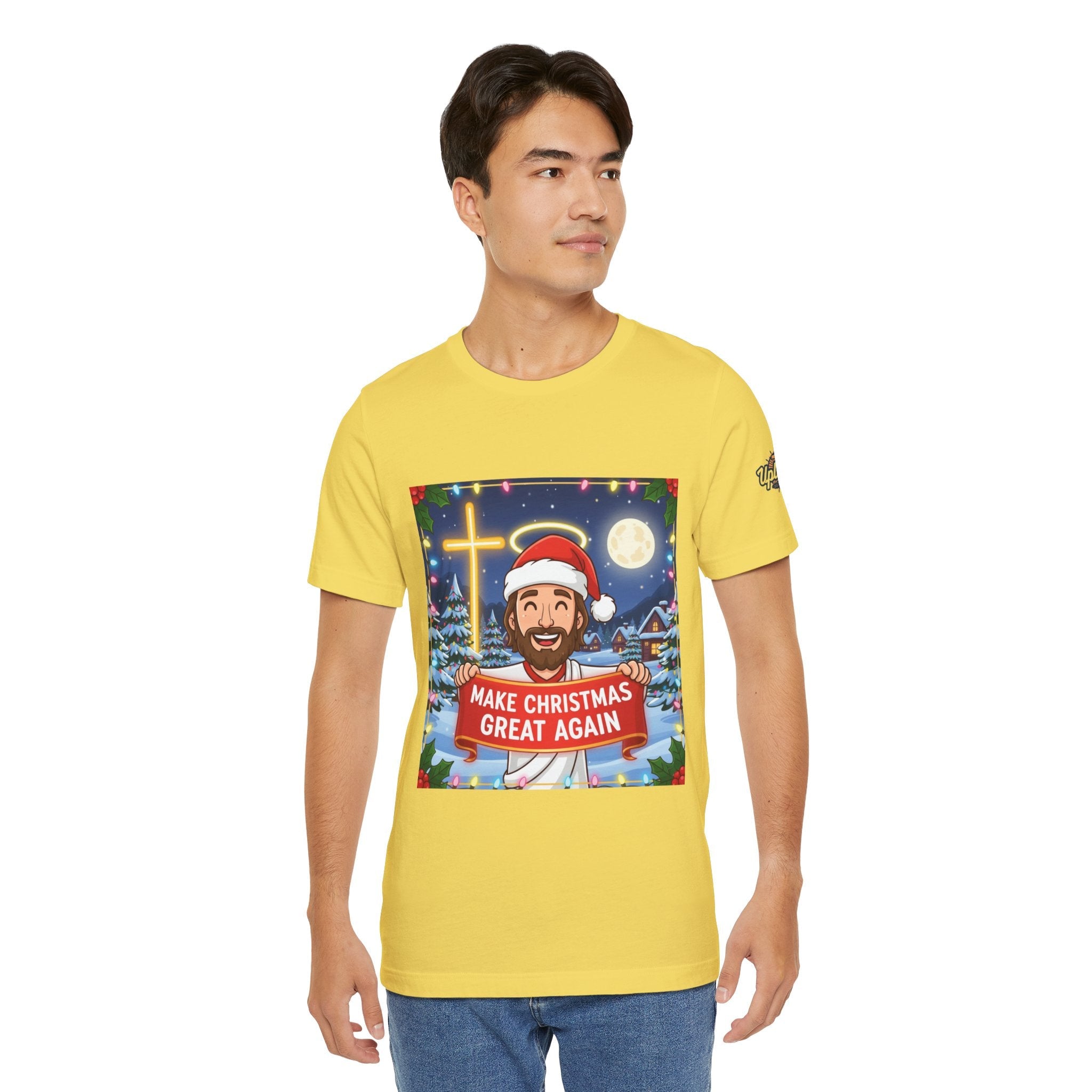 🎄 Make Christmas Great Again – Funny Christian T-Shirt | Jesus Holding Banner | Faith-Based Holiday Parody Tee | Uplifted Gear Printify
