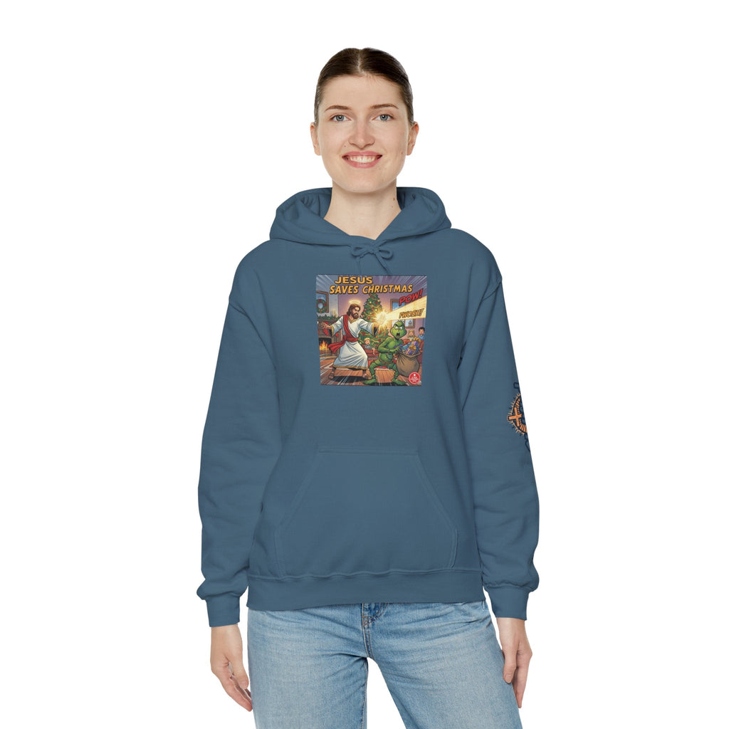 Jesus Saves Christmas Hoodie – Grinch vs Savior Light Battle Christian Sweatshirt for Hilarious Holiday Faith & True Joy Printify