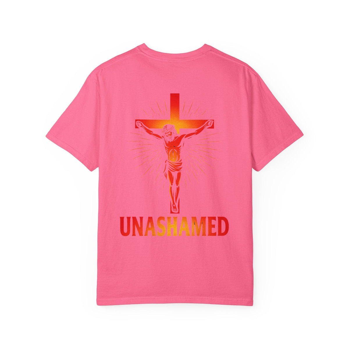 Unashamed T-shirt – Romans 1:16 Crucifixion Christian t-shirt for Bold Unwavering Faith Red Printify