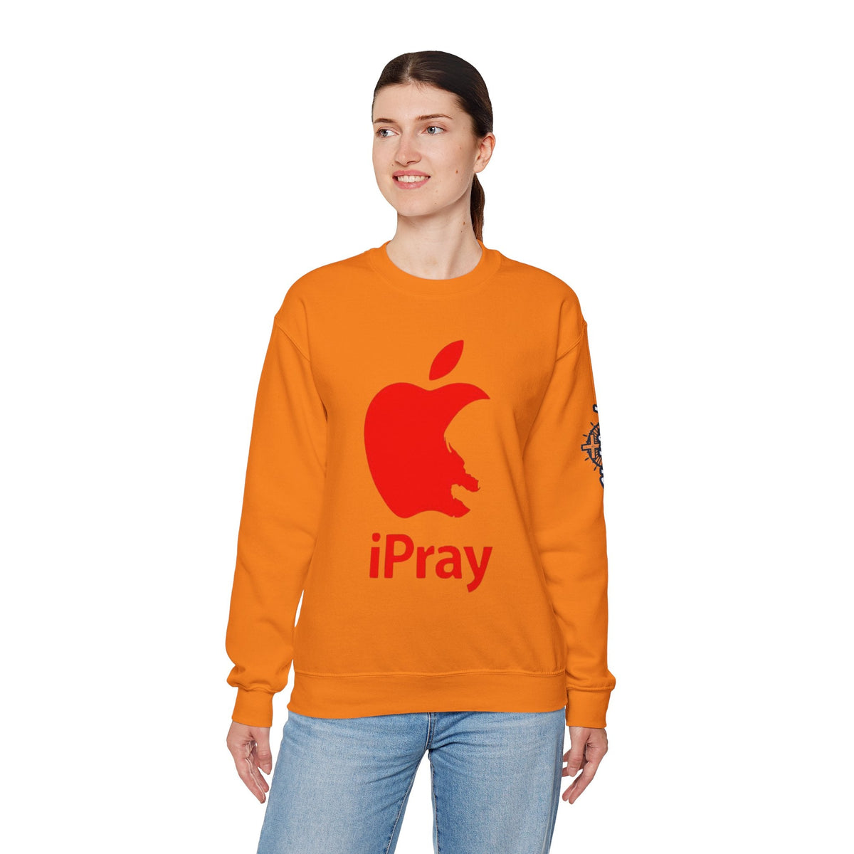 iPray Apple Logo Sweatshirt — Funny Christian Sweatshirt (Minimal Red Apple Graphic) Printify