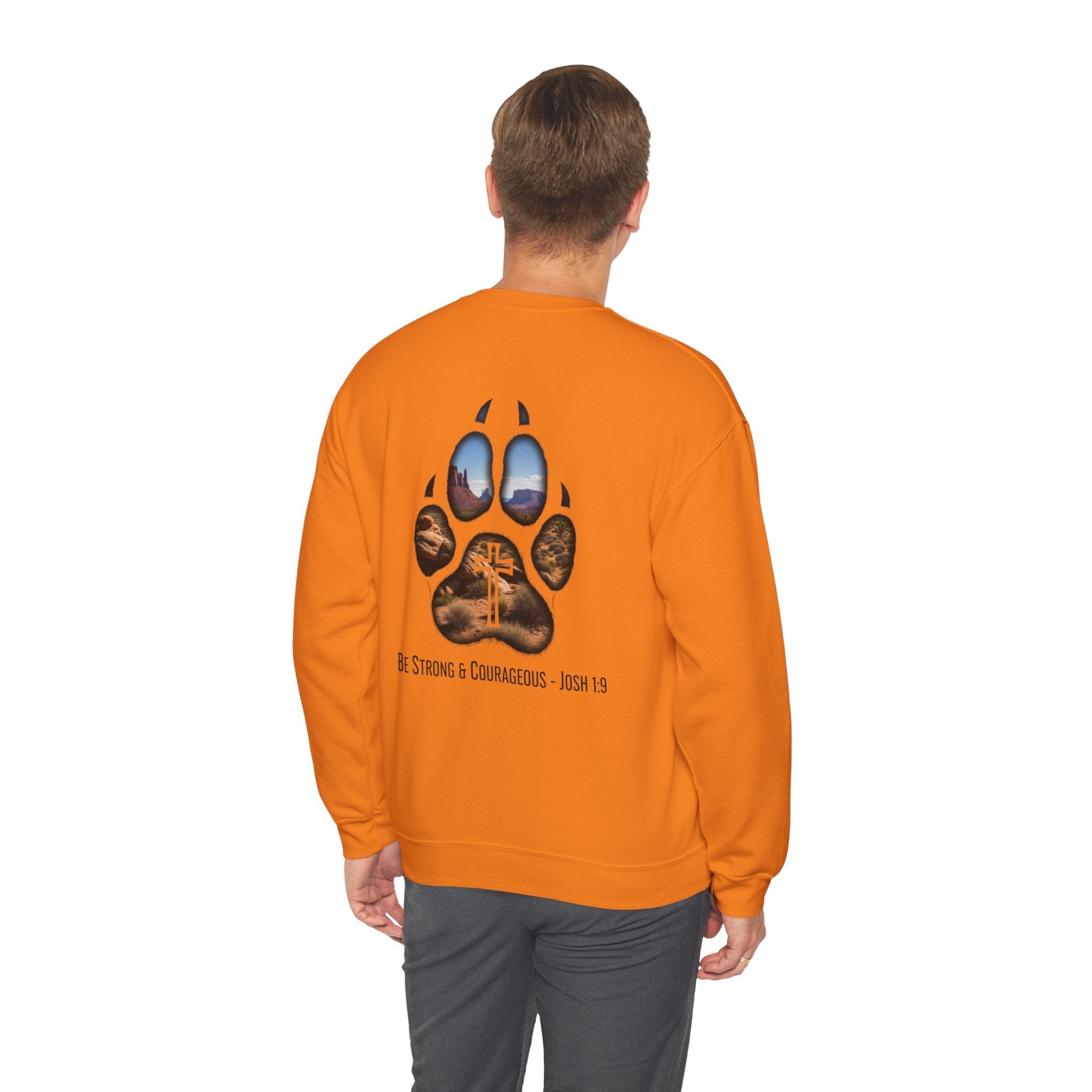 Strong and Courageous Sweatshirt – Joshua 1:9 Canine Pawprint Desert Christian Sweatshirt for Dog Lovers Printify