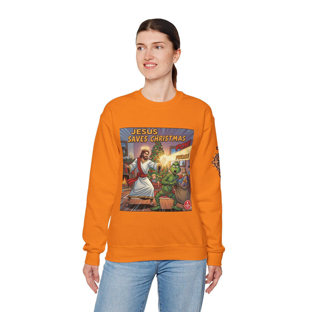 Jesus Saves Christmas Sweatshirt – Grinch vs Savior Light Battle Christian Sweatshirt for Hilarious Holiday Faith & True Joy Printify