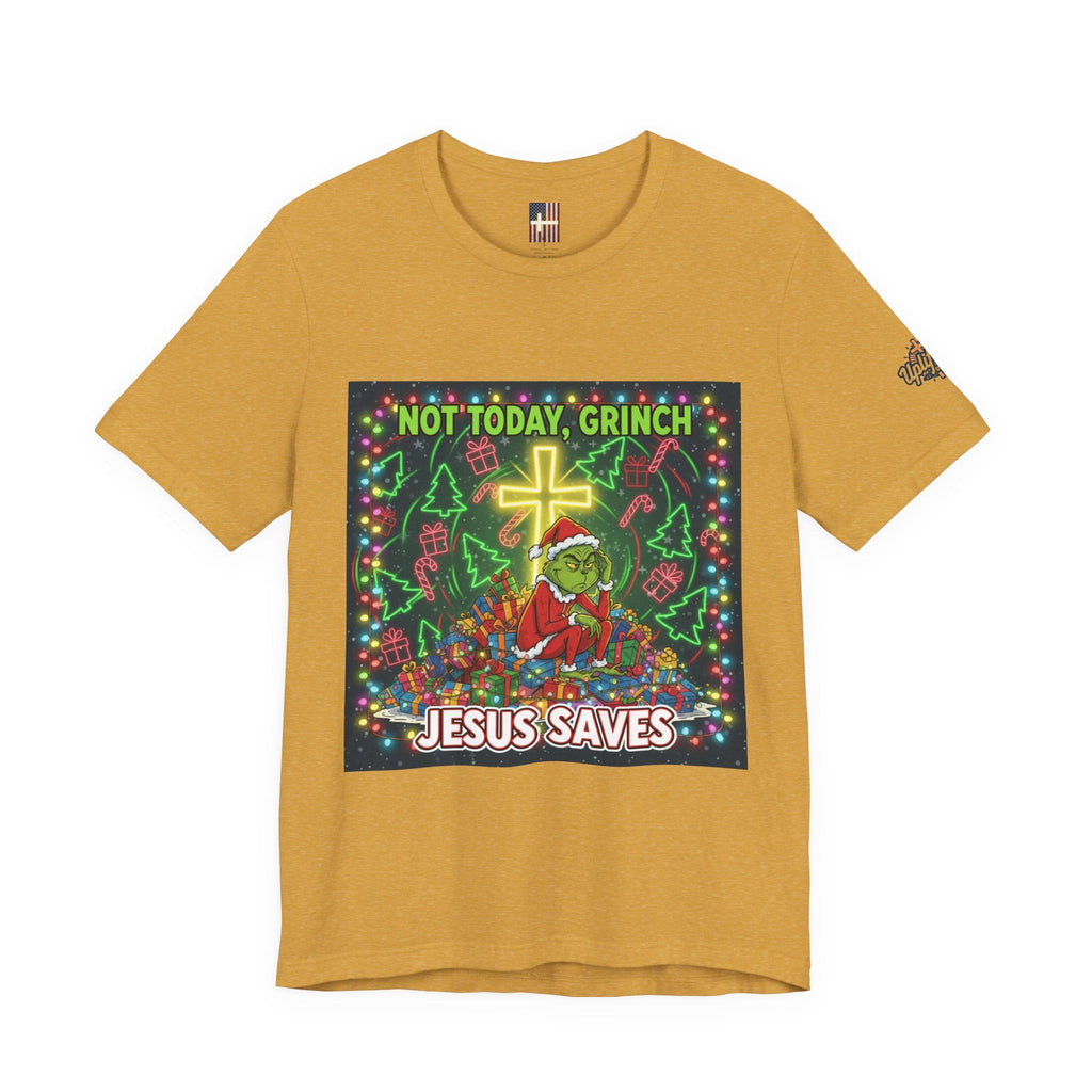 🎄 Not Today, Grinch – Jesus Saves | Funny Christian Christmas T-Shirt | Festive Green & Red Cartoon Style | Bold Faith Holiday Tee by Uplifted Gear Printify