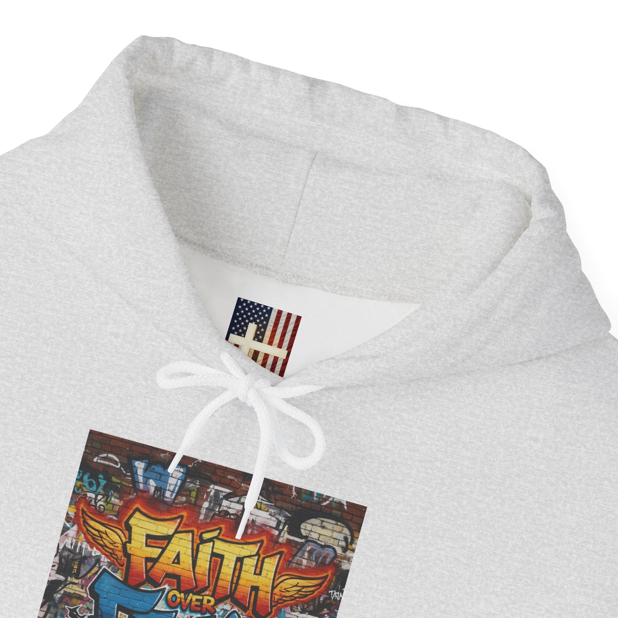 Faith Over Fear Hoodie – Graffiti Wall Christian Sweatshirt for Bold 2 Corinthians 5:7 Streetwear & Unshakable Faith Printify