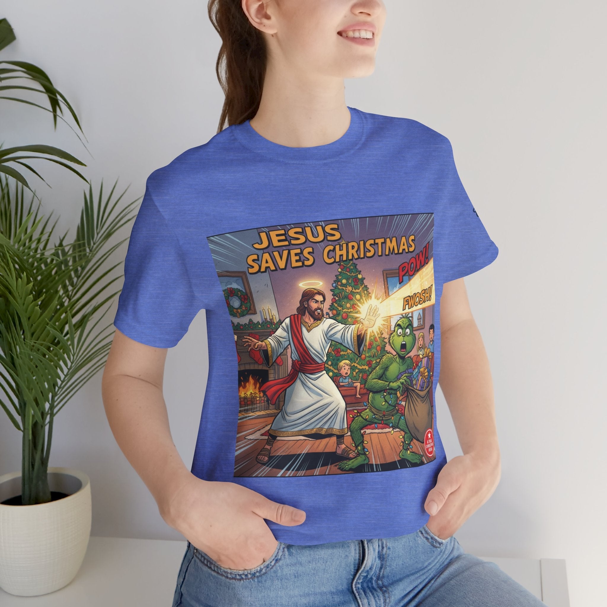 Jesus Saves Christmas T-shirt – Grinch vs Savior Light Battle Christian T-shirt for Hilarious Holiday Faith & True Joy Printify