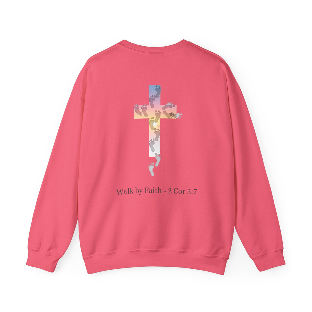 Walk by Faith Sweatshirt – Cross & Footprints Christian Sweatshirt for Cozy Inspiration Printify