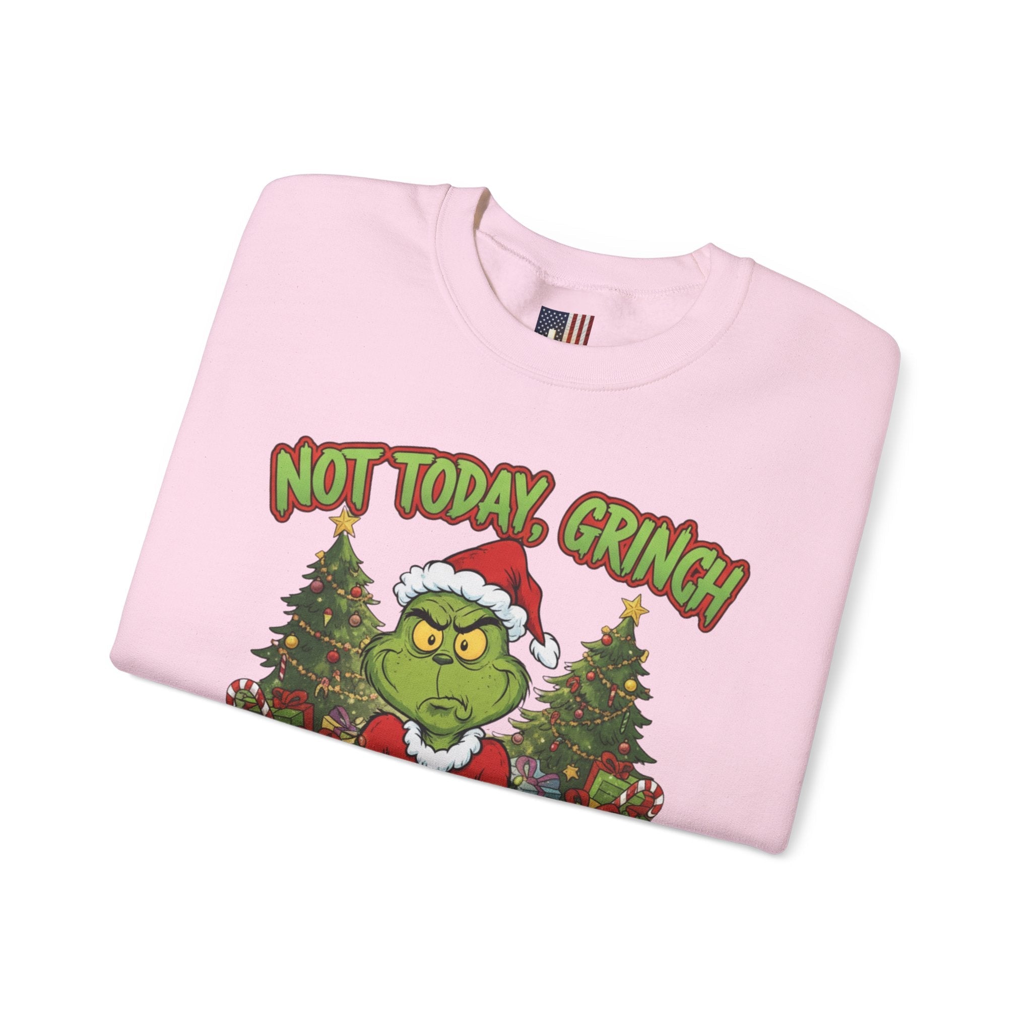 🎄 Not Today, Grinch – Jesus Saves | Funny Christian Christmas Sweatshirt | Sulking Grinch & Glowing Cross | Bold Neon Faith Tee by Uplifted Gear Printify
