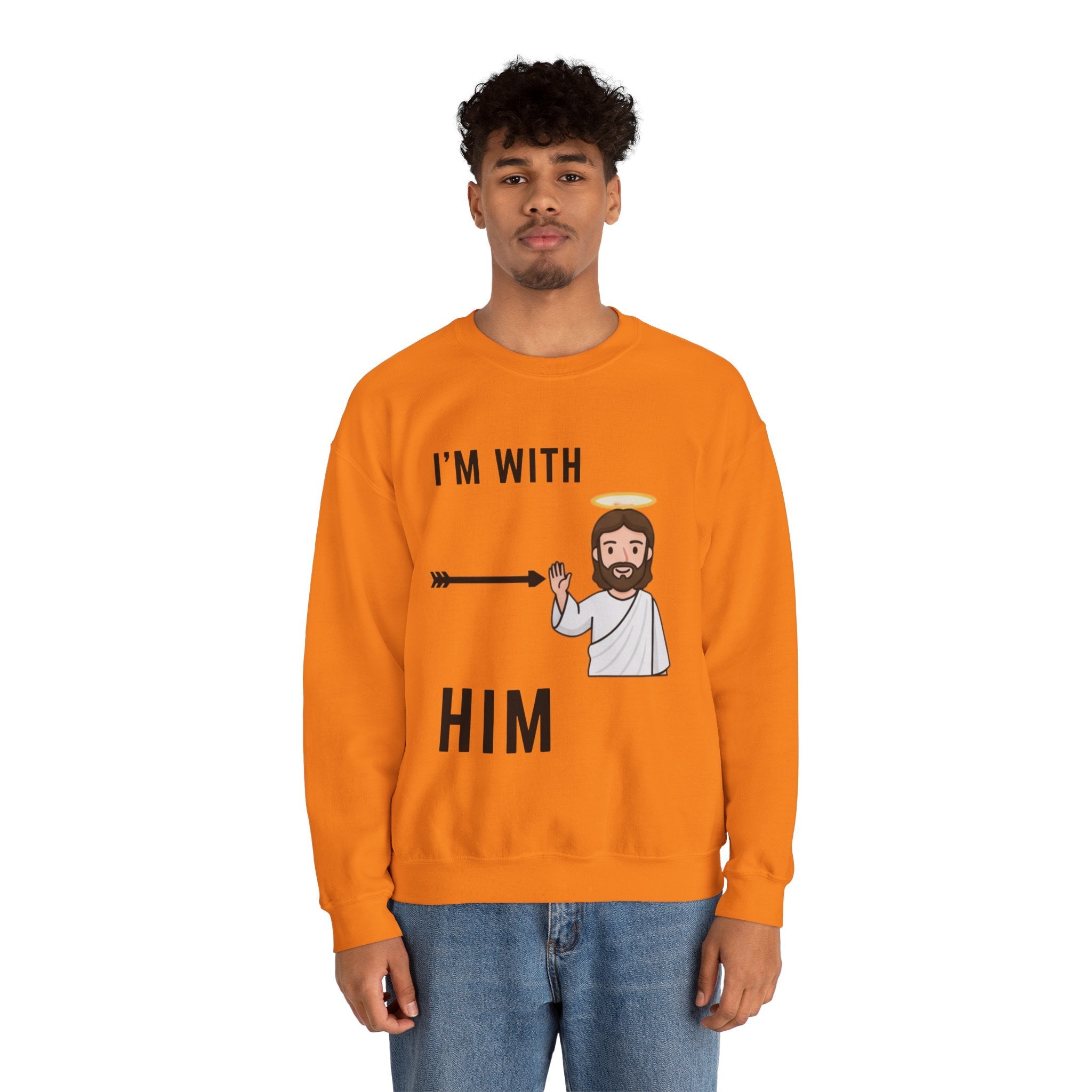 🔥 I’m With Him → Christian Sweatshirt | Arrow Pointing to Jesus | Minimalist Faith Tee | Subtle Cross Design | Bible-Inspired Apparel by Uplifted Gear Printify