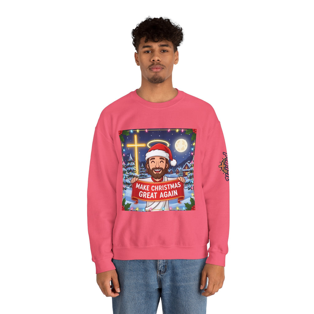 🎄 Make Christmas Great Again – Funny Christian Sweatshirt | Jesus Holding Banner | Faith-Based Holiday Parody Tee | Uplifted Gear Printify