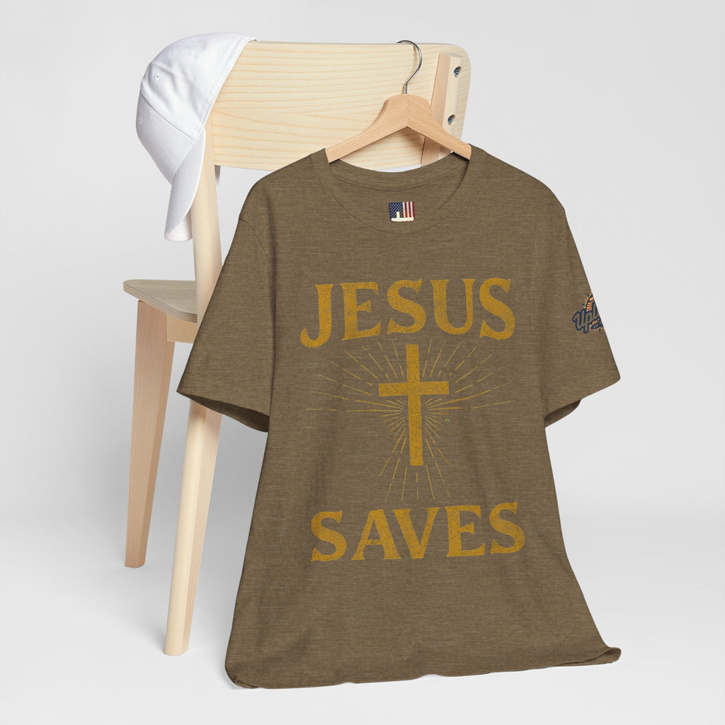 Jesus Saves T-shirt – Radiant Cross & Rays of Light Christian T-shirt for Eternal Hope & Faith Printify