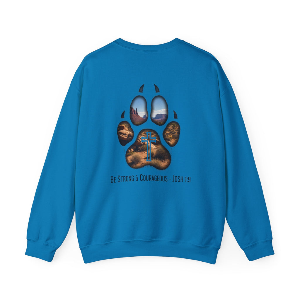 Strong and Courageous Sweatshirt – Joshua 1:9 Canine Pawprint Desert Christian Sweatshirt for Dog Lovers Printify