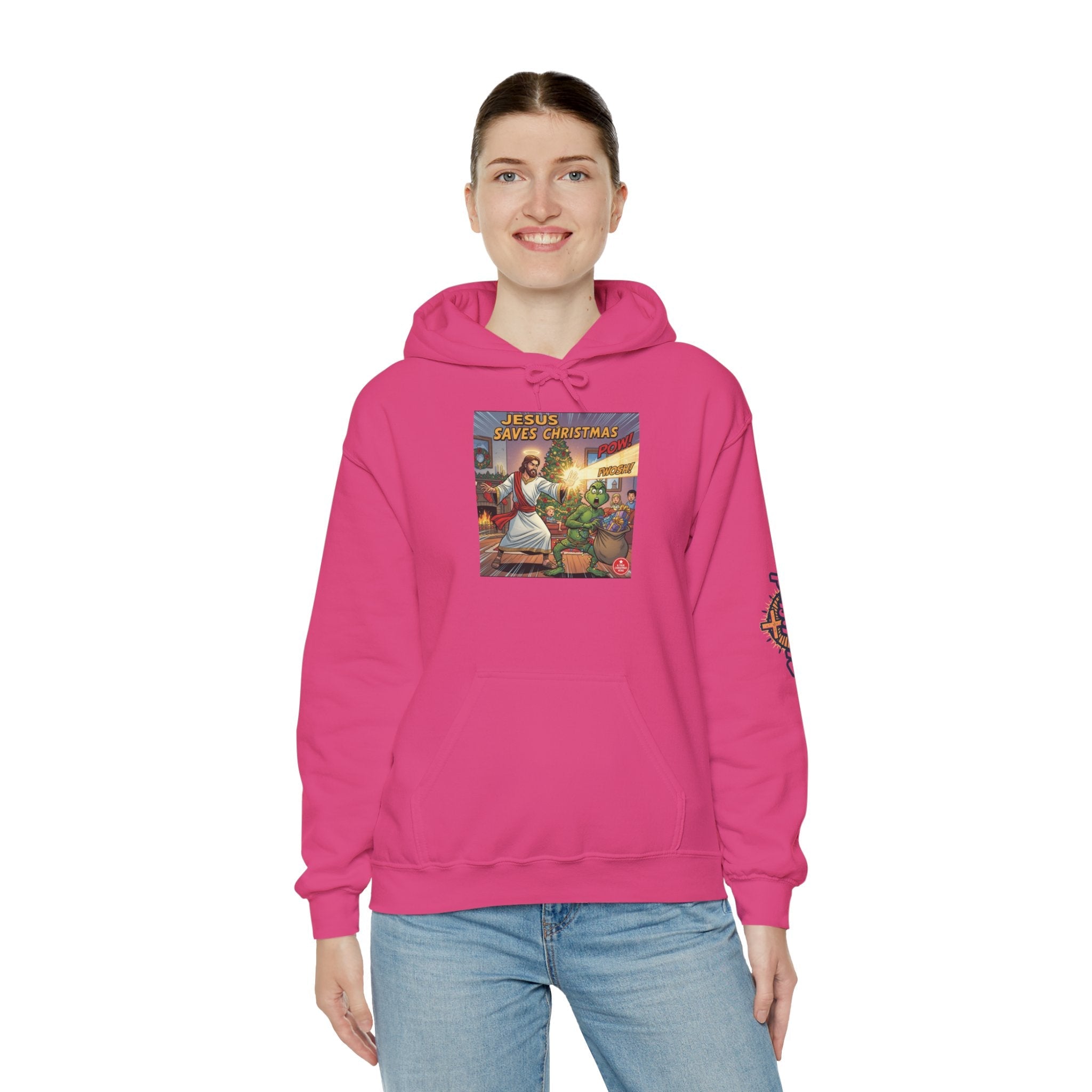 Jesus Saves Christmas Hoodie – Grinch vs Savior Light Battle Christian Sweatshirt for Hilarious Holiday Faith & True Joy Printify
