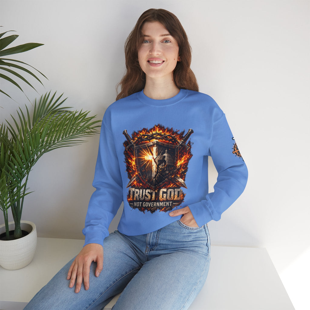 Trust God Not Government Shield Sweatshirt — Patriotic Christian Faith Sweatshirt Printify