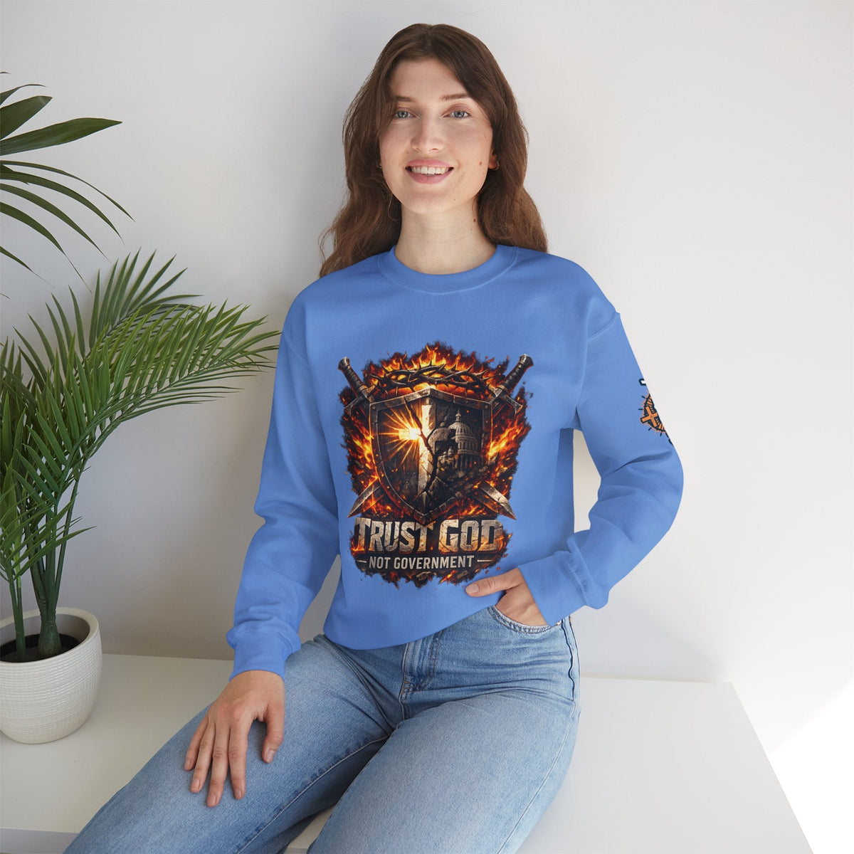 Trust God Not Government Shield Sweatshirt — Patriotic Christian Faith Sweatshirt Printify