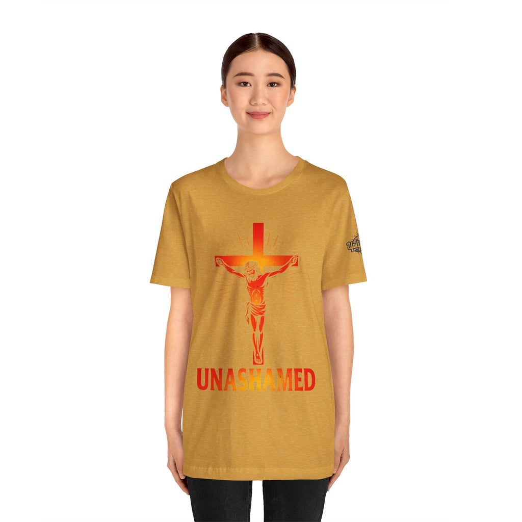 Unashamed T-shirt – Romans 1:16 Crucifixion Christian t-shirt for Bold Unwavering Faith Printify