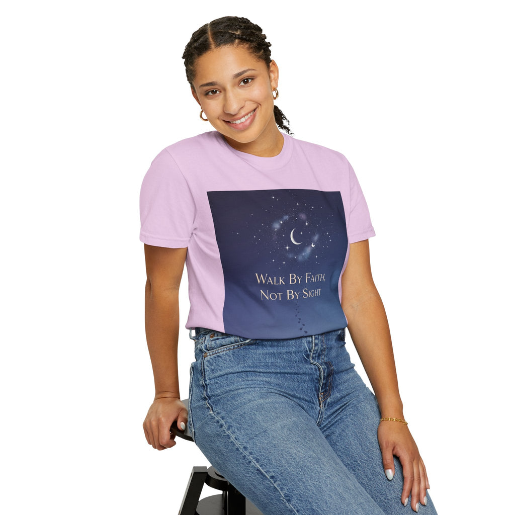 Walk by Faith, Not by Sight T-Shirt – Footprints in the Sand Christian Moonlit Tee Printify