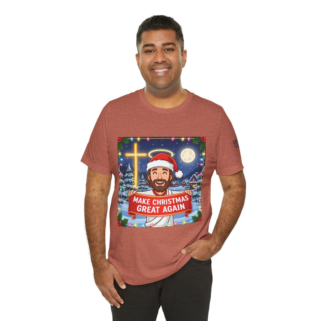 🎄 Make Christmas Great Again – Funny Christian T-Shirt | Jesus Holding Banner | Faith-Based Holiday Parody Tee | Uplifted Gear Printify