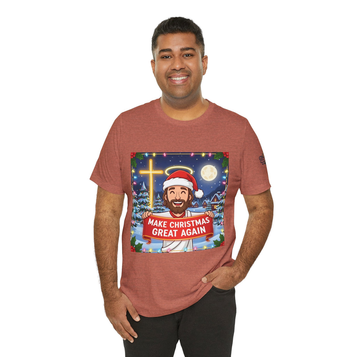 🎄 Make Christmas Great Again – Funny Christian T-Shirt | Jesus Holding Banner | Faith-Based Holiday Parody Tee | Uplifted Gear Printify