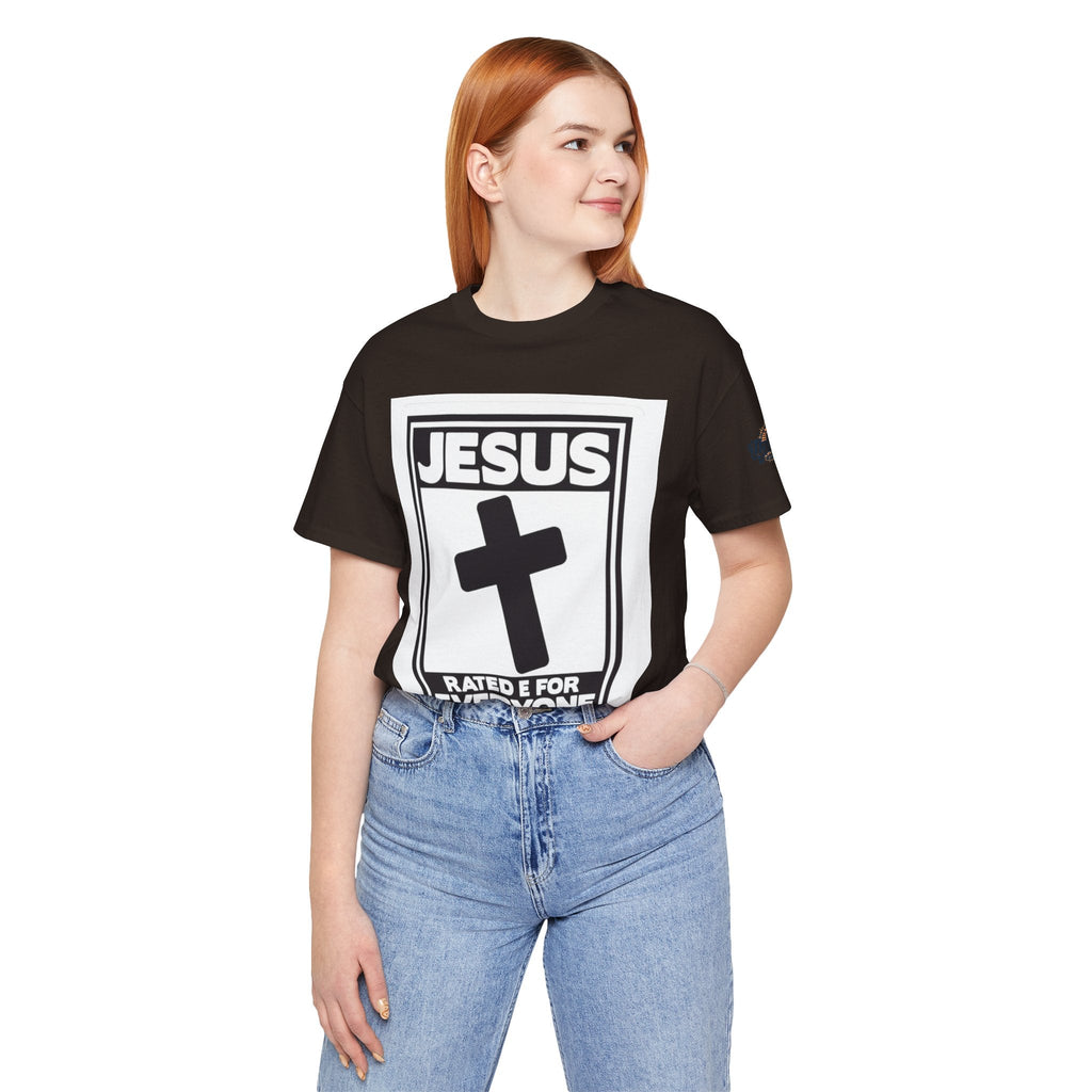 Jesus, Rated E for Everyone T-shirt - Gamer Faith T-shirt - Christian Video Game Parody Printify