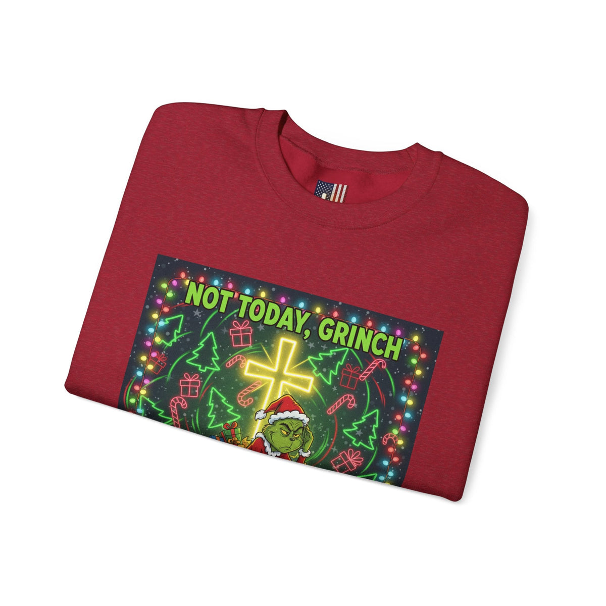 🎄 Not Today, Grinch – Jesus Saves | Funny Christian Christmas Sweatshirt | Festive Green & Red Cartoon Style | Bold Faith Holiday Tee by Uplifted Gear Printify