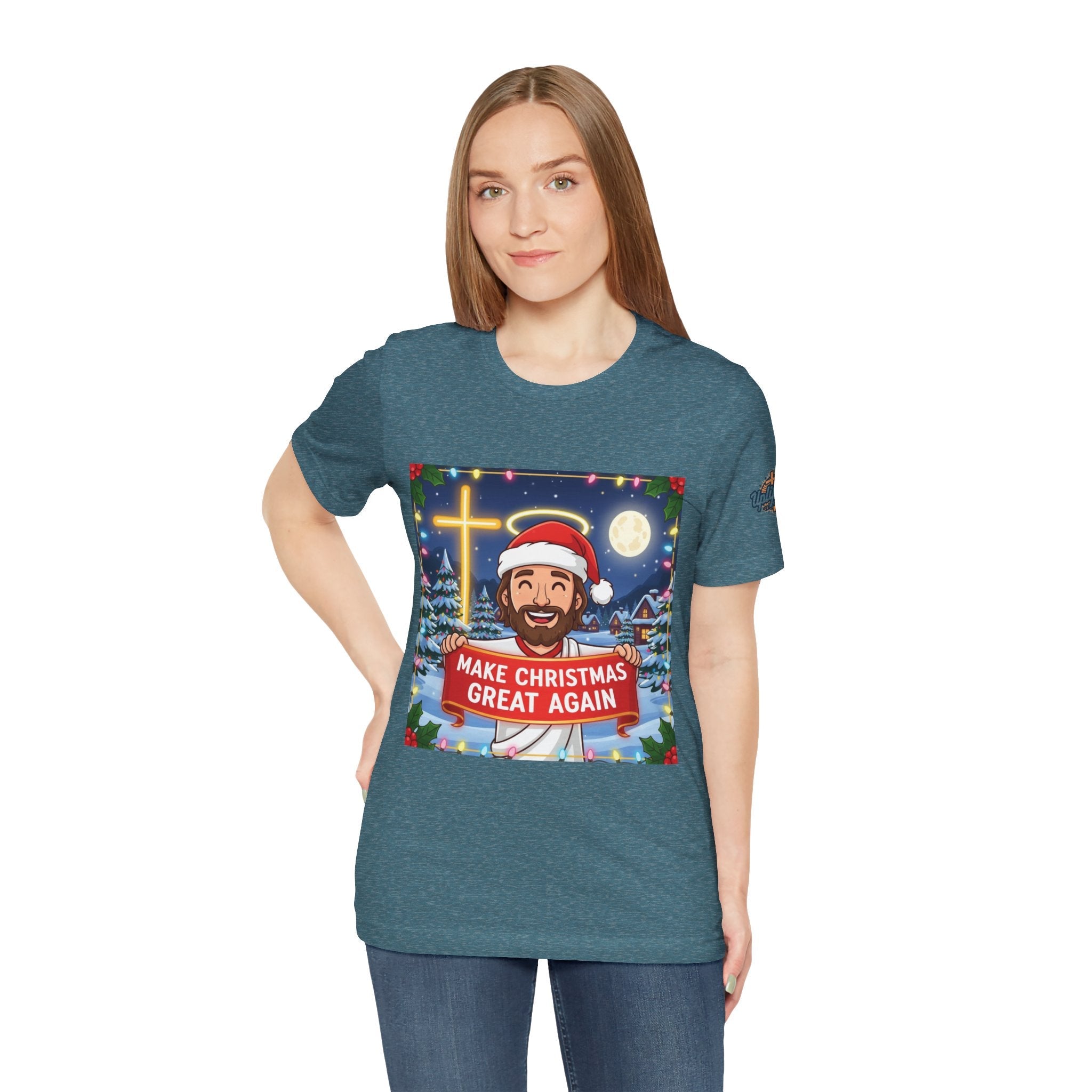 🎄 Make Christmas Great Again – Funny Christian T-Shirt | Jesus Holding Banner | Faith-Based Holiday Parody Tee | Uplifted Gear Printify