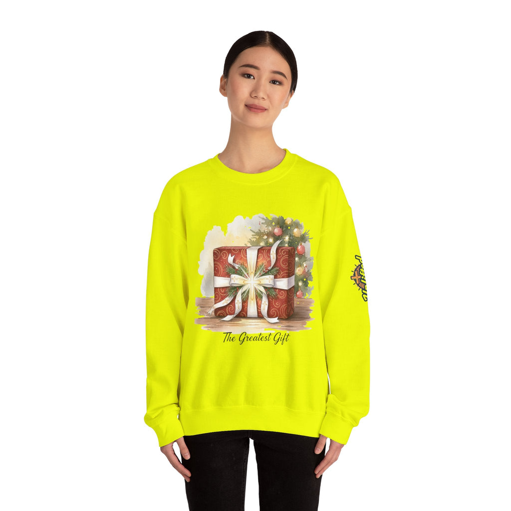 The Greatest Gift Sweatshirt – Cross Bow Present Christian Sweatshirt for Christmas Salvation & Eternal Faith Printify