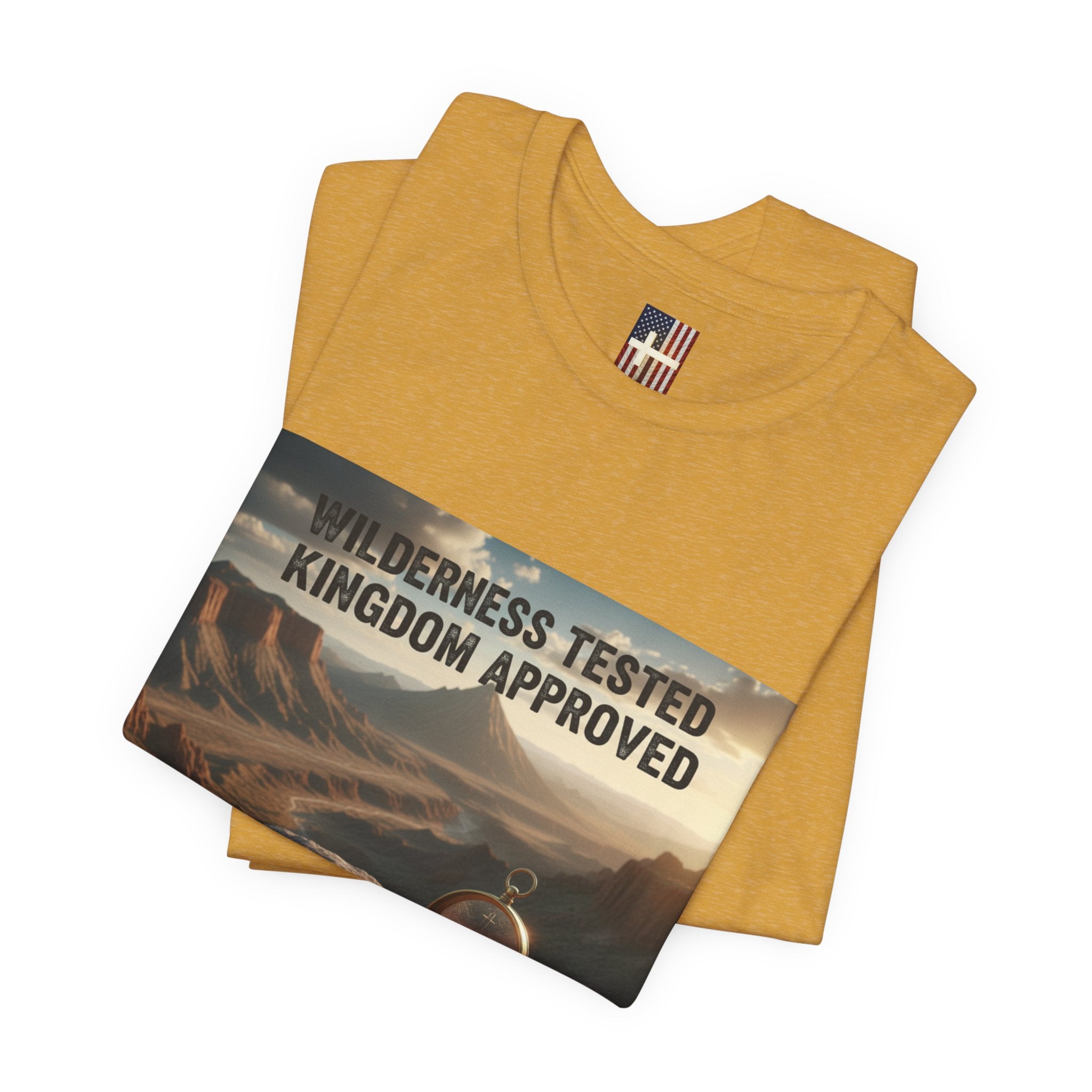 Wilderness Tested Kingdom Approved T-shirt – Mountain Desert Compass Crown Christian T-shirt for Biblical Adventure Faith Printify
