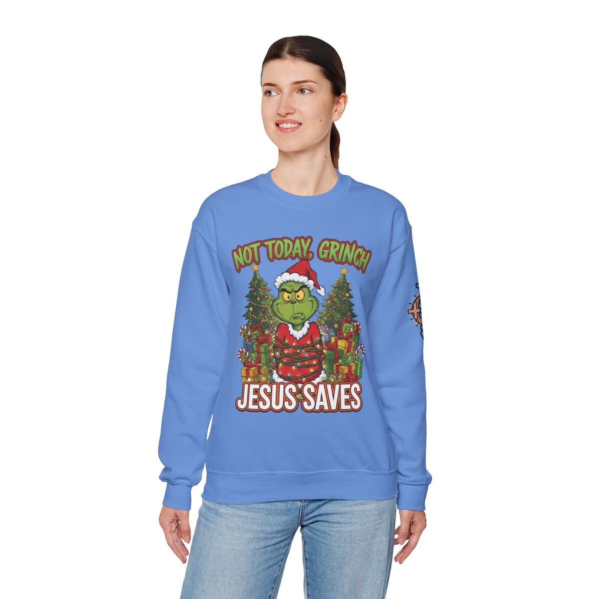 🎄 Not Today, Grinch – Jesus Saves | Funny Christian Christmas Sweatshirt | Sulking Grinch & Glowing Cross | Bold Neon Faith Tee by Uplifted Gear Printify