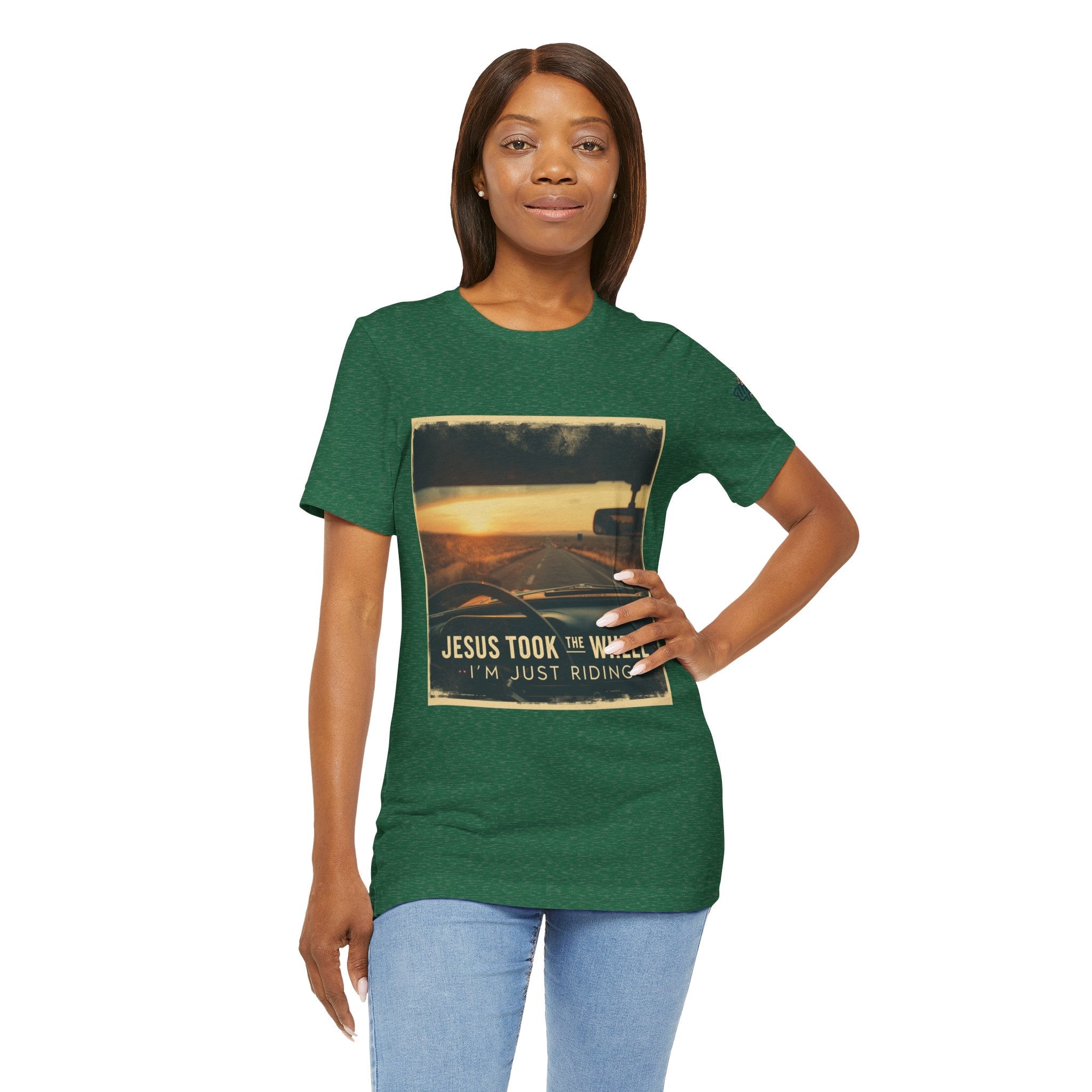 Jesus Took the Wheel I'm Just Riding T-shirt – Funny Christian Convertible Car T-shirt for Surrendered Faith & Humor Printify