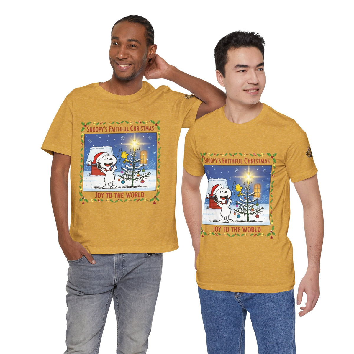 🎄 Faithful Christmas Friends – Christian Holiday T-Shirt | Festive Tree & Cartoon Duo | Heartwarming Christmas Tee by Uplifted Gear Printify