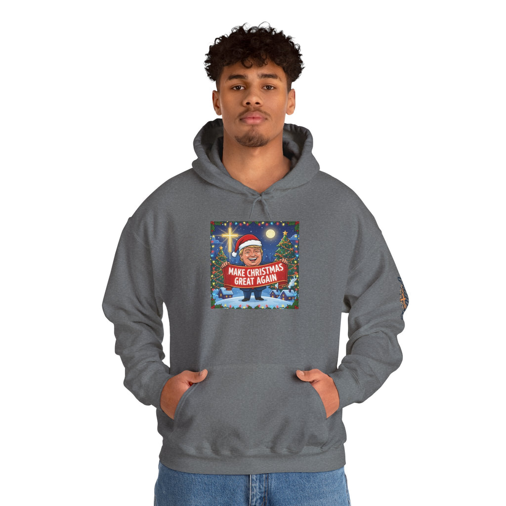 🎄 Make Christmas Great Again – Patriotic Christian Christmas Hoodie | Bold Holiday Faith Tee | Red & White Banner Design | Uplifted Gear Printify