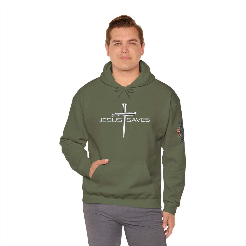 Jesus Saves Hoodie – 3 Nails Crucifix Cross Christian Sweatshirt for Redemption Faith & Bold Salvation Printify