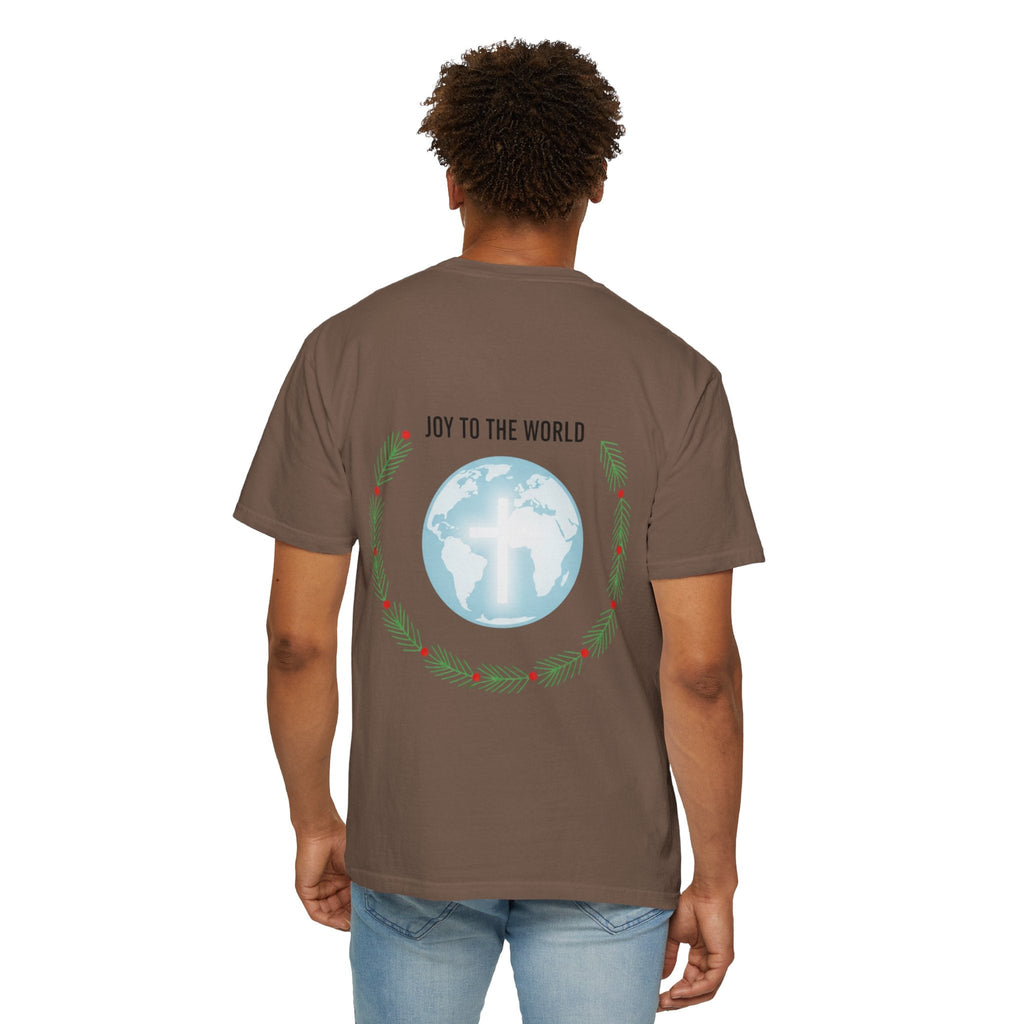 Joy to the World T-shirt – Wreath Earth Nativity Christian Christmas T-shirt for Isaiah 9:6 Holiday Faith & Festive Joy Printify
