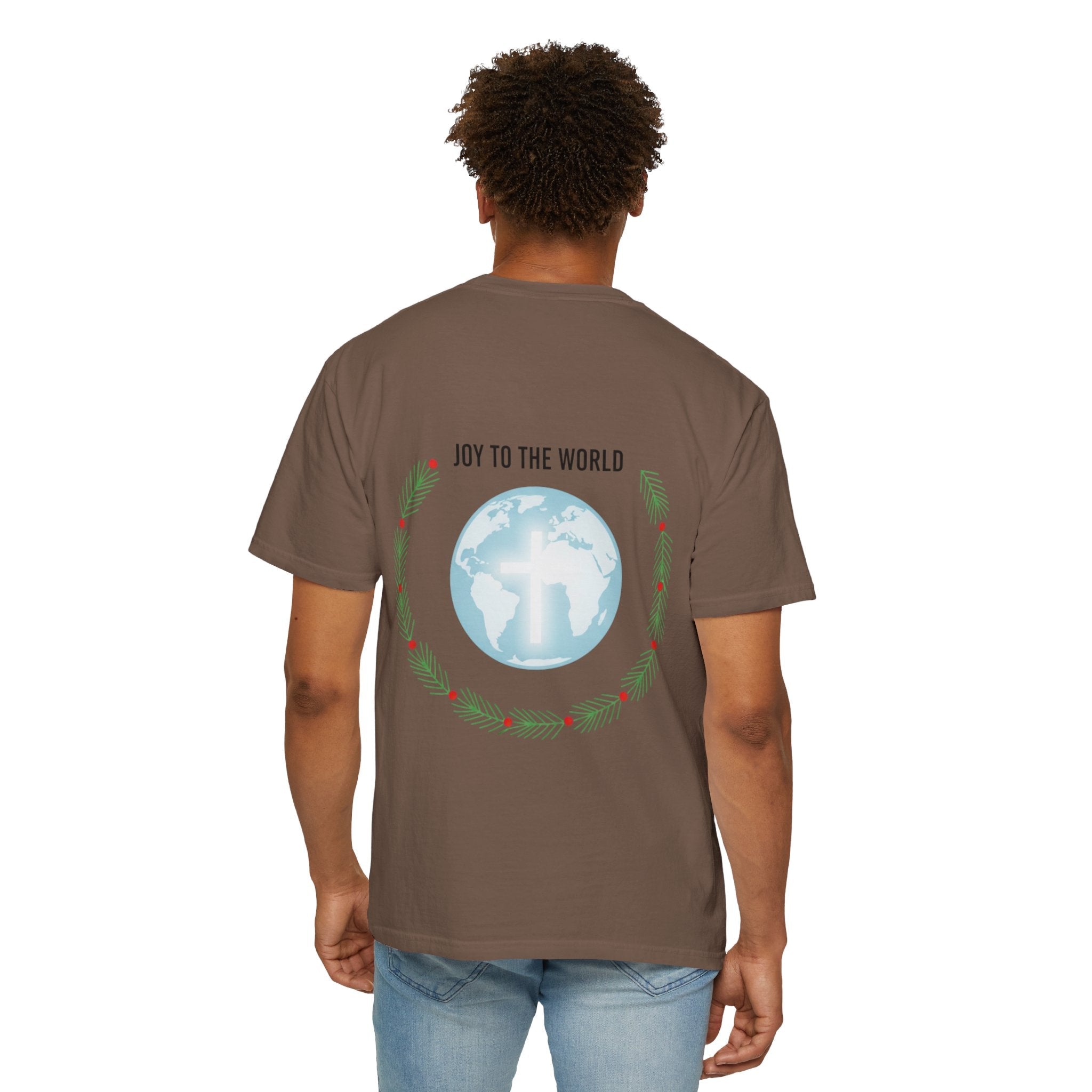 Joy to the World T-shirt – Wreath Earth Nativity Christian Christmas T-shirt for Isaiah 9:6 Holiday Faith & Festive Joy Printify
