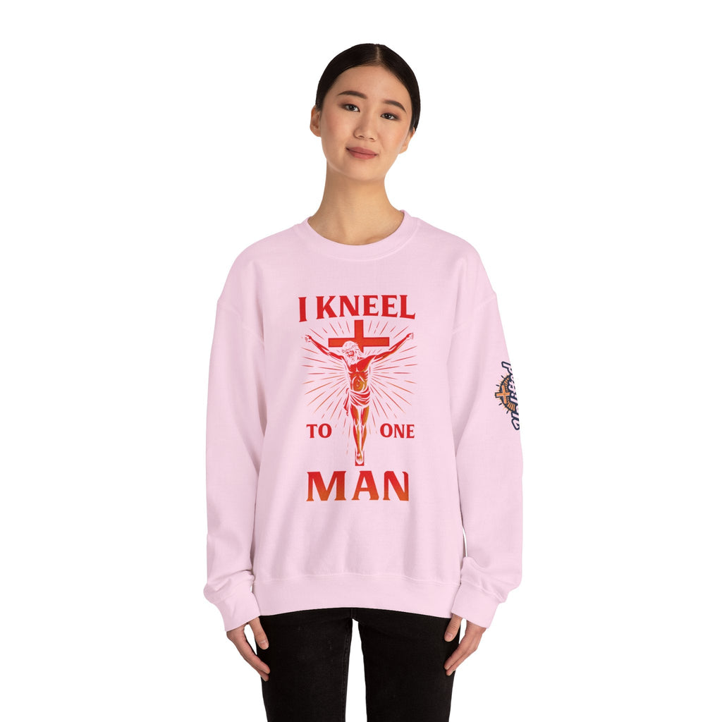 I Kneel to One Man Sweatshirt – Crucifixion Christian Sweatshirt for Unashamed Devotion & Bold Faith Printify