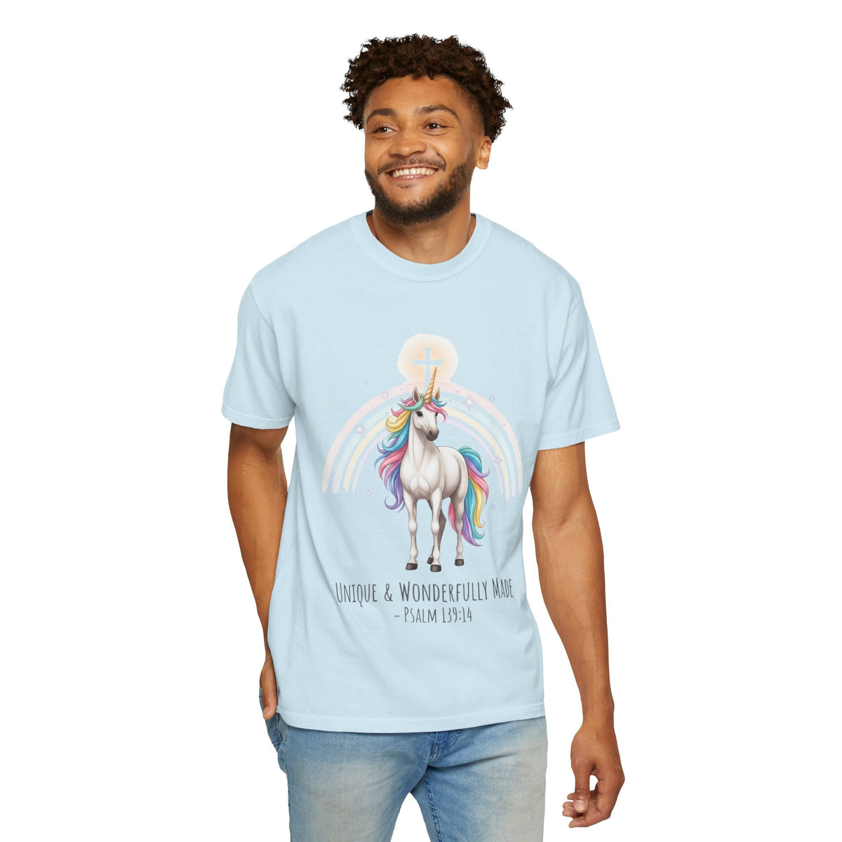 Unique Unicorn Christian T-Shirt – Wonderfully Made with Rainbow Cross & Psalm 139:14 Printify