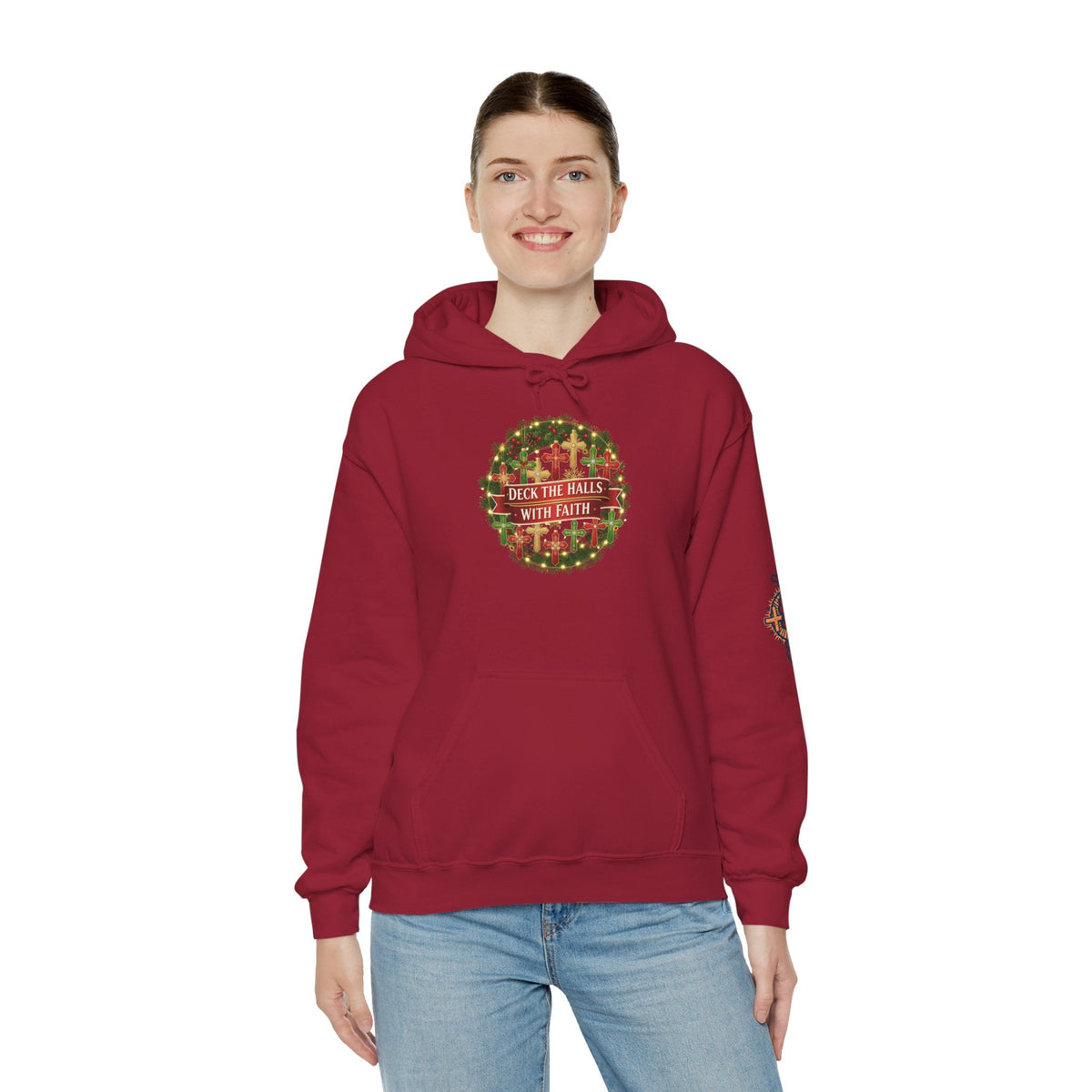 🎄 Deck the Halls with Faith – Christian Christmas Hoodie | Cross Ornament Design & Festive Garland | Bold Holiday Faith Tee by Uplifted Gear Printify