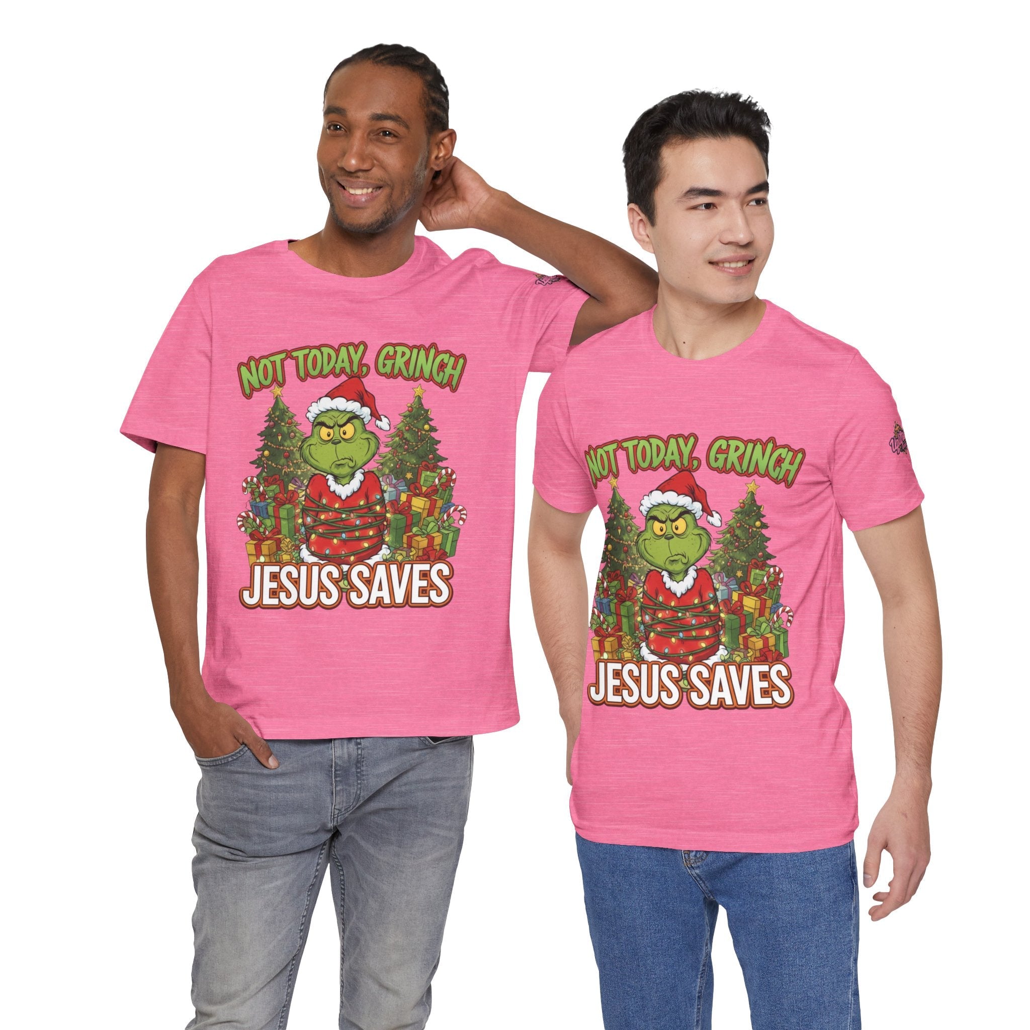 🎄 Not Today, Grinch – Jesus Saves | Funny Christian Christmas T-Shirt | Sulking Grinch & Glowing Cross | Bold Neon Faith Tee by Uplifted Gear Printify