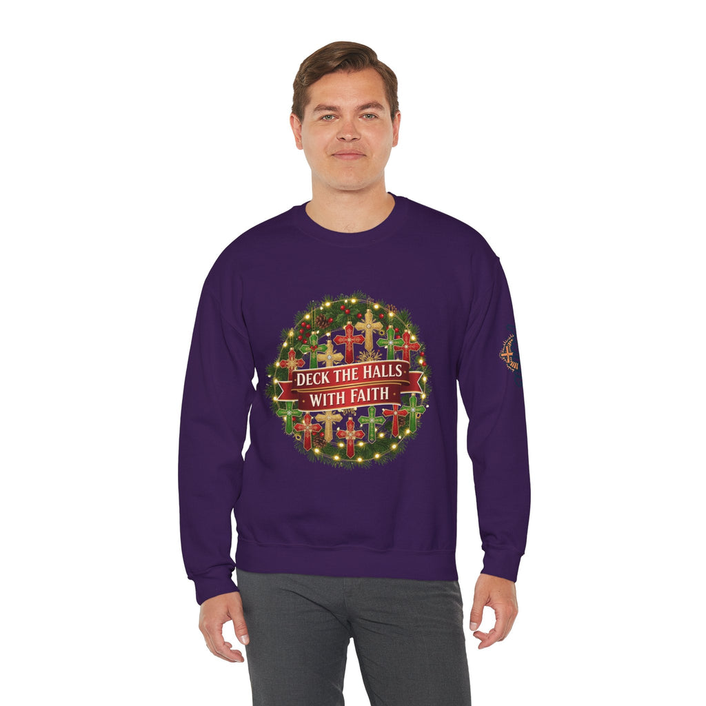 🎄 Deck the Halls with Faith – Christian Christmas Sweatshirt | Cross Ornament Design & Festive Garland | Bold Holiday Faith Tee by Uplifted Gear Printify