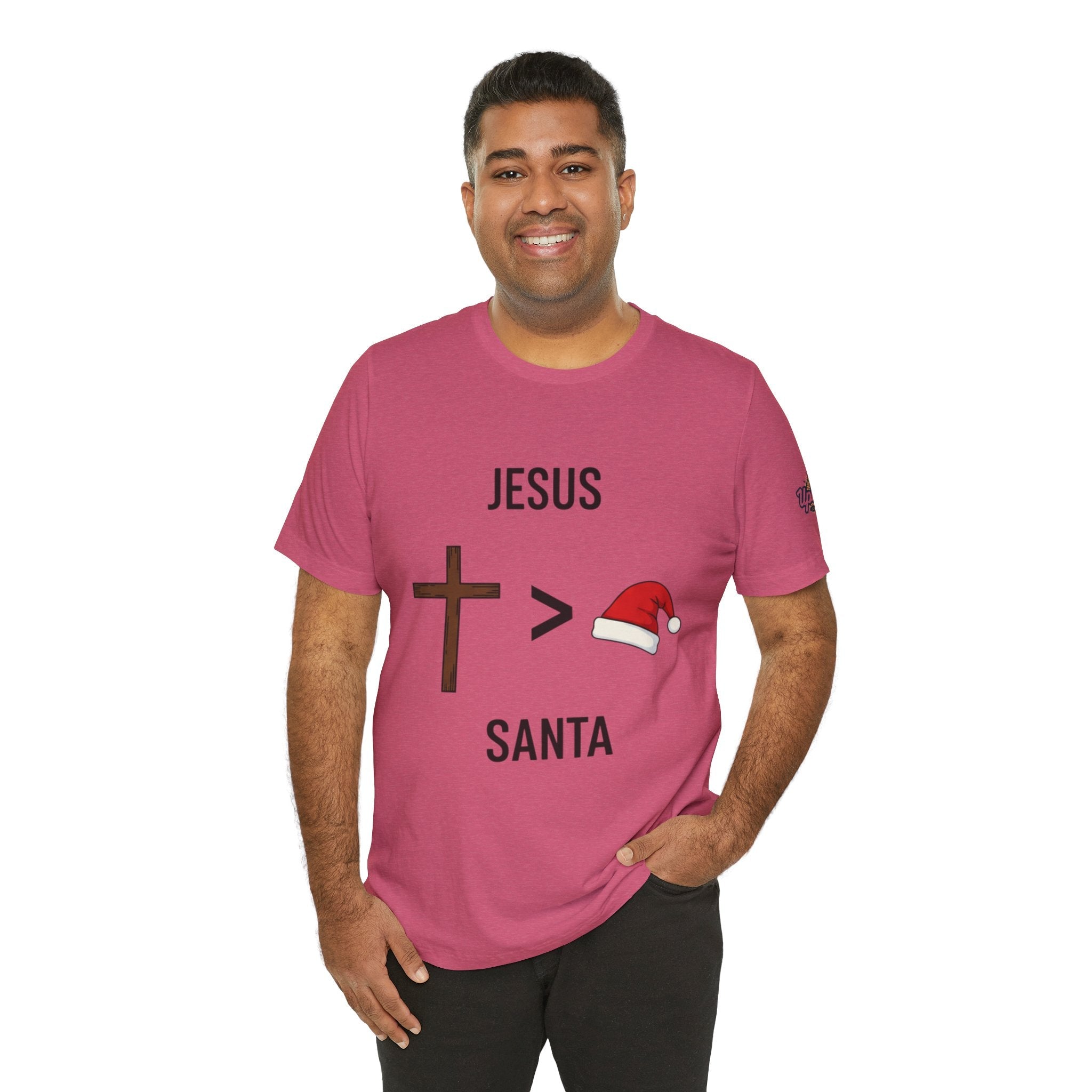 🎄 Jesus > Santa – Minimalist Christian Christmas T-Shirt | Bold Faith Over Holiday Tee | Cross vs Santa Hat Design | Uplifted Gear Printify