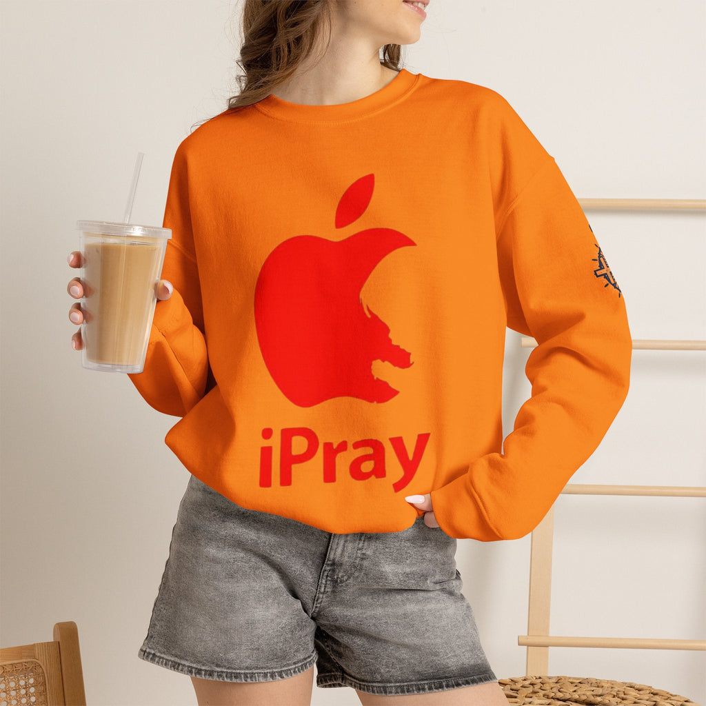 iPray Apple Logo Sweatshirt — Funny Christian Sweatshirt (Minimal Red Apple Graphic) Printify