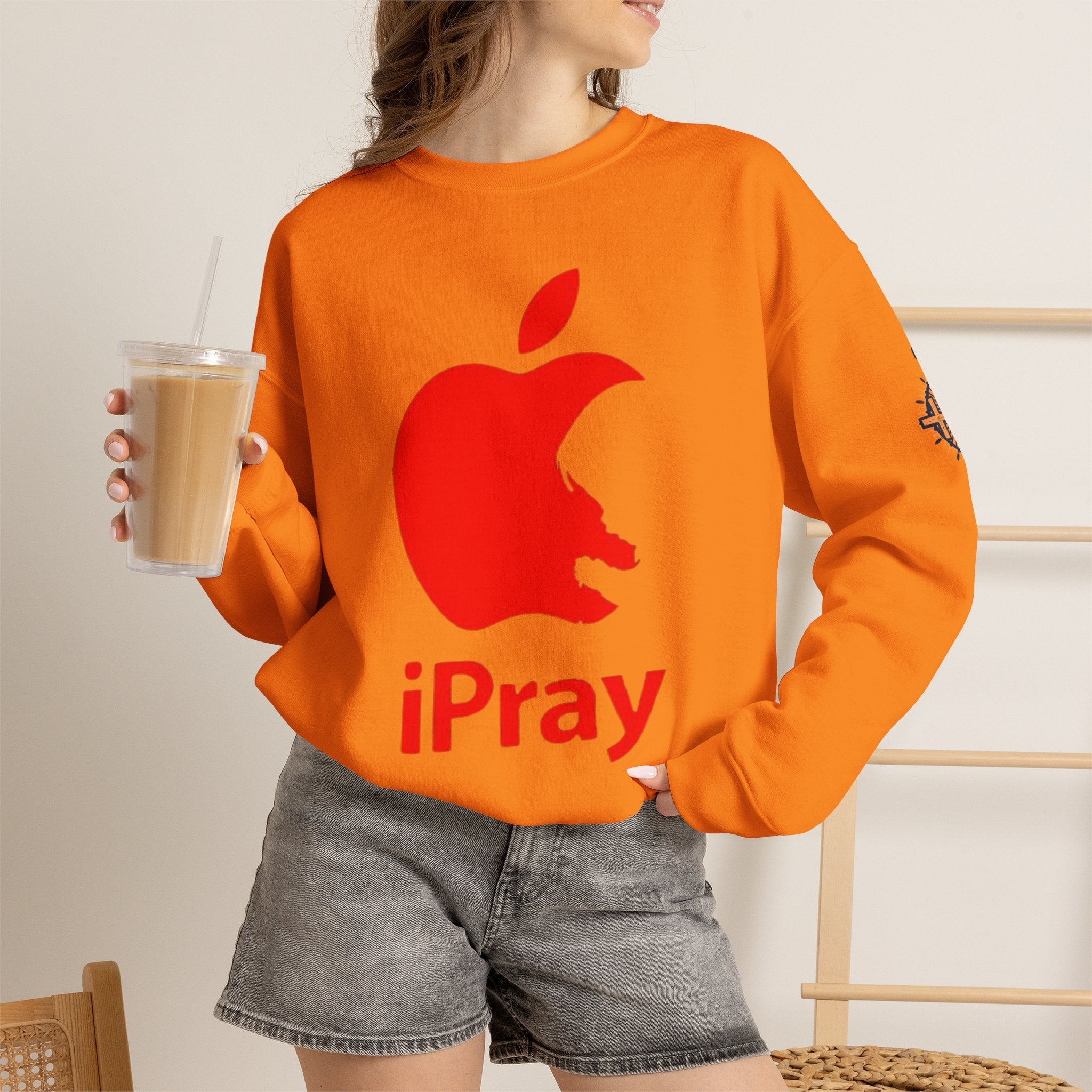 iPray Apple Logo Sweatshirt — Funny Christian Sweatshirt (Minimal Red Apple Graphic) Printify