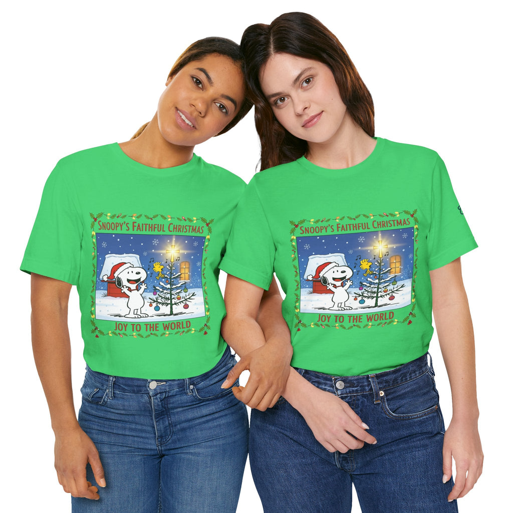 🎄 Faithful Christmas Friends – Christian Holiday T-Shirt | Festive Tree & Cartoon Duo | Heartwarming Christmas Tee by Uplifted Gear Printify
