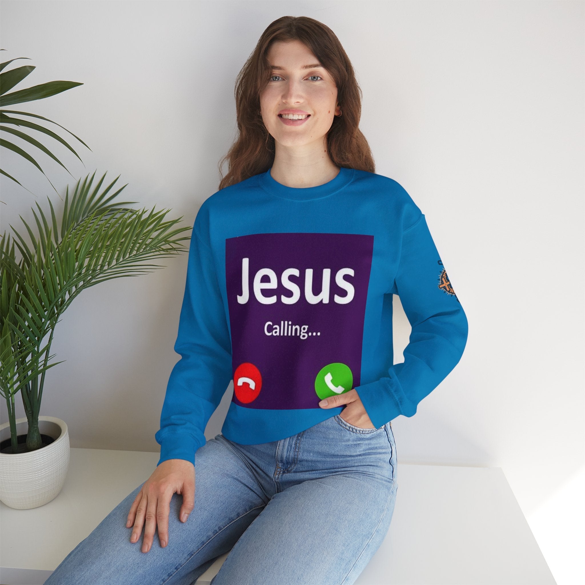 Jesus Calling Sweatshirt – Funny Cell Phone Screen Christian Sweatshirt for Divine Connection & Faith Humor Printify