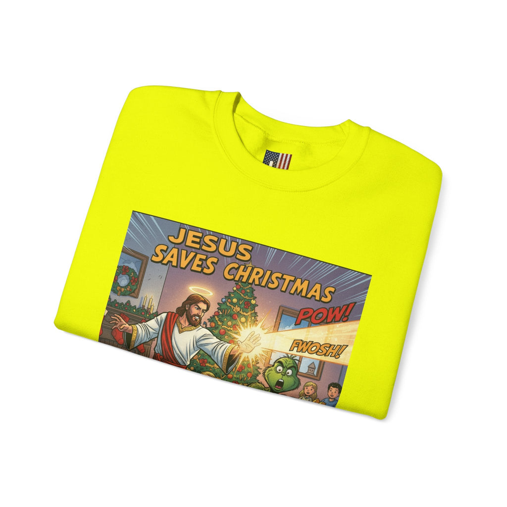 Jesus Saves Christmas Sweatshirt – Grinch vs Savior Light Battle Christian Sweatshirt for Hilarious Holiday Faith & True Joy Printify