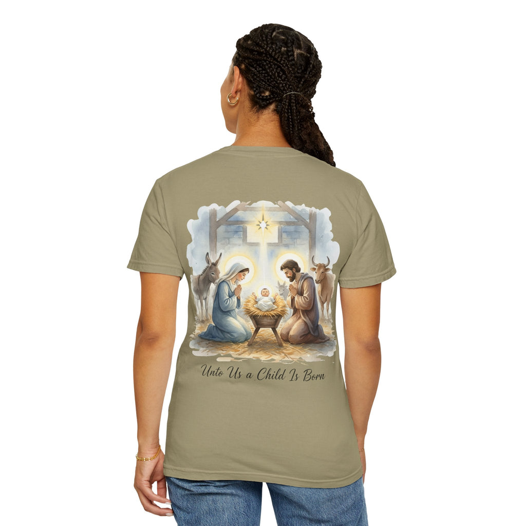 Unto Us a Child is Born T-shirt – Isaiah 9:6 Nativity Manger Scene Christian Christmas T-shirt for Holy Night Faith Printify