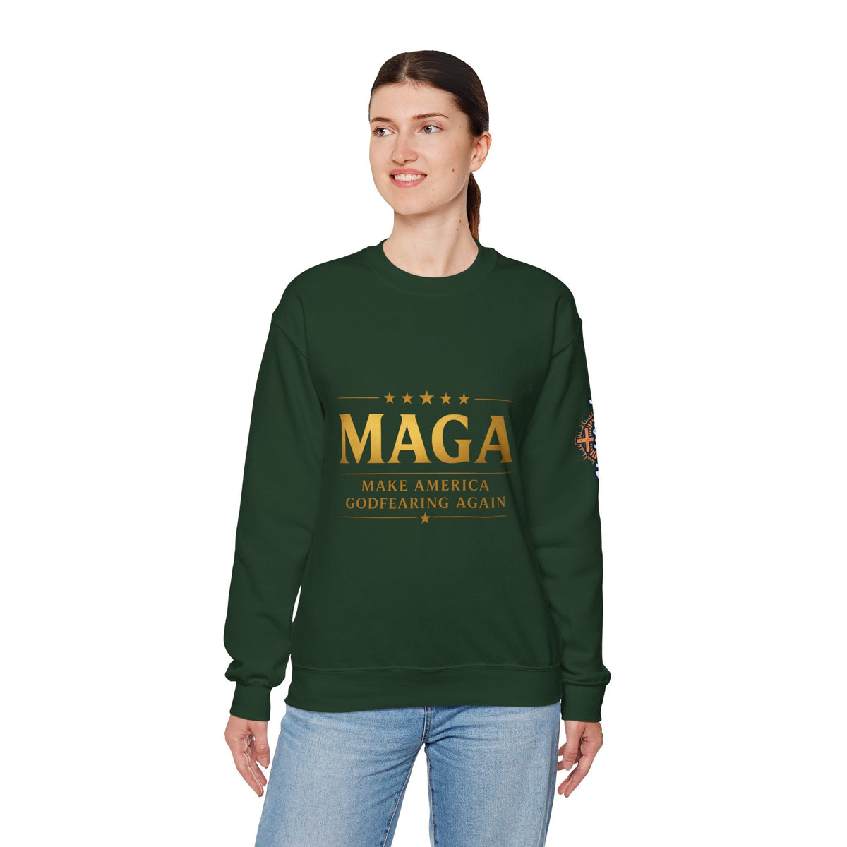 Sweatshirt — "MAGA Make America Godfearing Again" Gold Logo Crewneck Printify