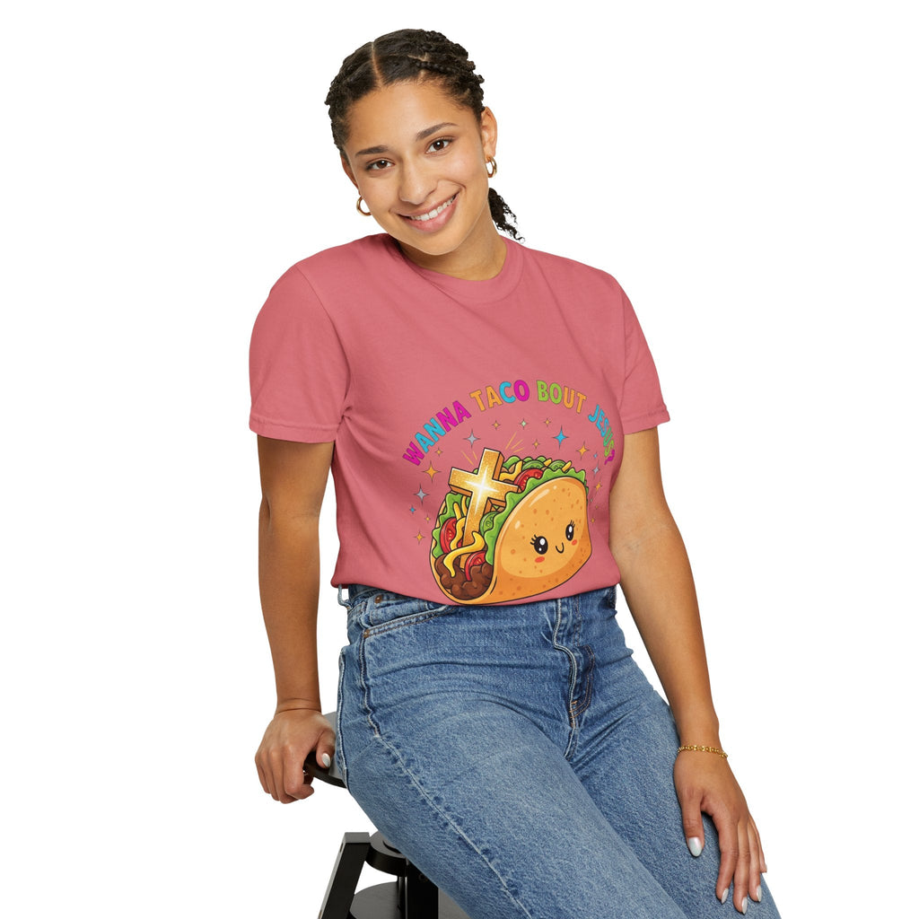 Wanna Taco 'Bout Jesus? Funny Christian Pun T-Shirt – Lettuce Pray & Share Faith! Printify