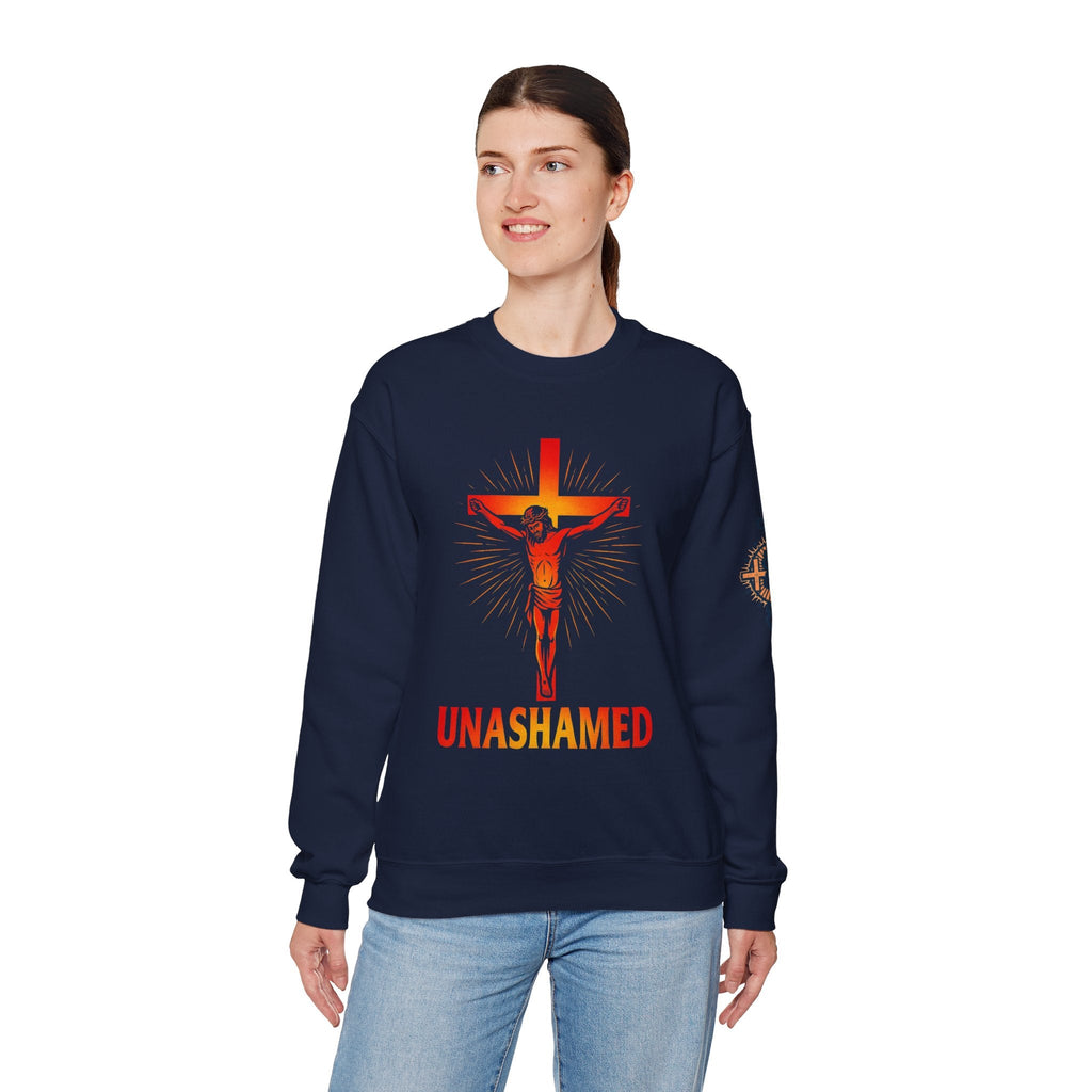 Unashamed Sweatshirt – Romans 1:16 Crucifixion Christian Sweatshirt for Bold Unwavering Faith Printify